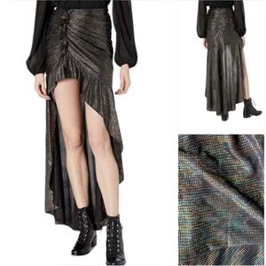House of Harlow 1960 Black High/Low Maxi Skirt XS | Draped Metallic Glam